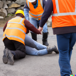 men trying to help an injured person at a construction site